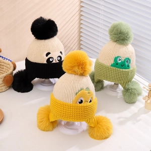 Winter kids knit hats with animal patterns and fuzzy pom-poms for ear protection