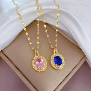 Colliers en acier titane doré avec pendentifs goutte en zircon bleu et rose style halo