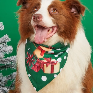 Close-up of a green Christmas pet bandana with snowman patterns worn by a dog model
