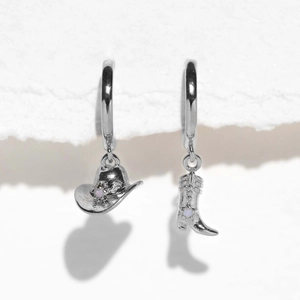 Silver cowboy boot and hat drop earrings featuring colorful synthetic stone accents