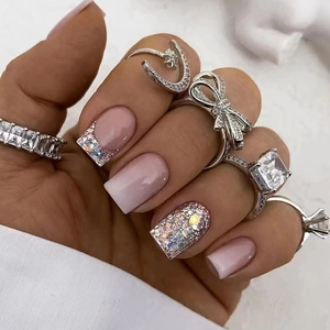 Press On Nails Short Square French Gradient Pink White Glitter Elegant Full Cover Artificial Nails For Women