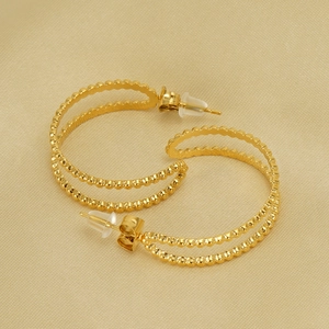 Double-row gold beaded hoop earrings in titanium steel with polished 18K gold finish