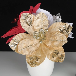 Glitter poinsettia Christmas flower decoration with gold sequins for holiday trees