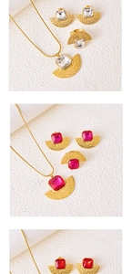 Detail view of fan-shaped jewelry set with square crystals in red, pink, and white