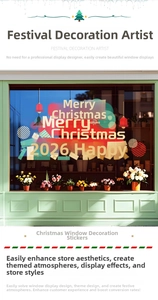 Detail of Merry Christmas window stickers with festive gold bells and red gift box designs
