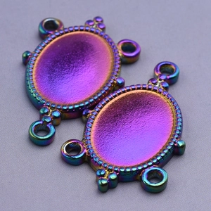Macro detail of rainbow plated 304 stainless steel oval jewelry connectors with four loops