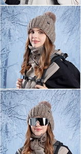 Winter thermal knit hat and buttoned scarf set with faux fur pom and thick fleece lining