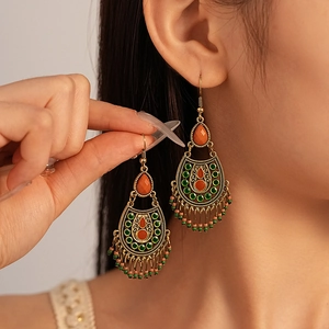 Vintage Bohemian Water Drop Tassel Earrings Alloy Resin Rice Beads Ethnic Style Jewelry With Steel Earring Post