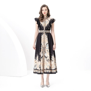 Baroque Paisley Print Maxi Dress Polyester Belted Flutter Sleeve Shirt Collar Elegant Retro A-Line Vacation Gown Women