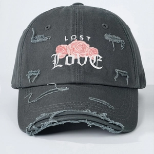 Dark grey distressed baseball cap featuring rose embroidery and LOST LOVE text