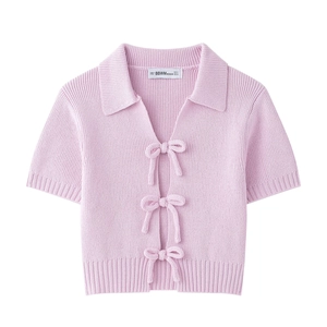 Sweet Bow Tie Knitted Short Sleeve Top Polo Collar Slim Fit Ribbed Knitwear For Women