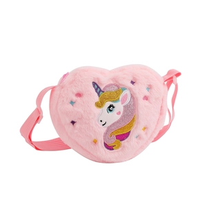 Close-up of pink heart-shaped plush bag with sequined unicorn embroidery and strap