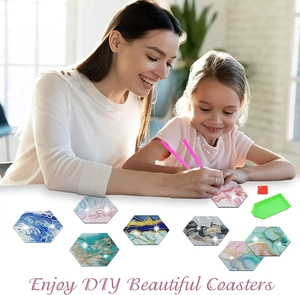 Macro shot of 8 hexagon marble pattern DIY diamond painting coasters with tools