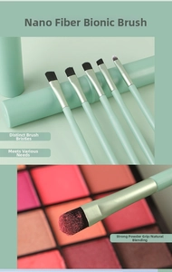 Detail of mint green makeup brushes with bionic fiber bristles and storage tube