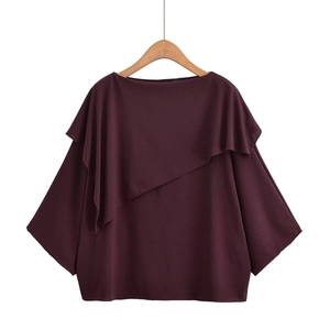 Elegant wine red long sleeve top featuring asymmetric draped pleats and a relaxed fit