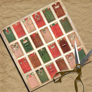 Detail of 24 Christmas advent calendar stickers with vintage door designs and numbers
