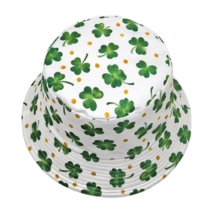 White St. Patrick's Day bucket hat with green clover shamrock and gold glitter dots