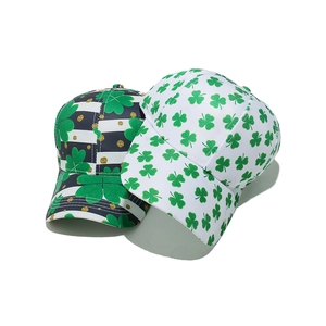 Detail of St. Patrick's Day baseball caps with green shamrock prints and striped patterns