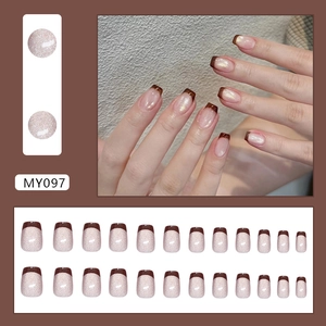 Brown cat-eye French style press-on nails with fine glitter 24pcs set in elegant design