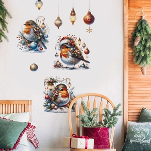 Detail of Christmas robin wall stickers with festive light bulbs on white wall background