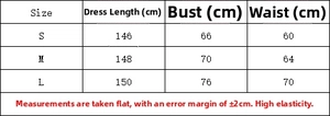 Guide des tailles pour robe longue à pois avec mesures de longueur, buste et taille
