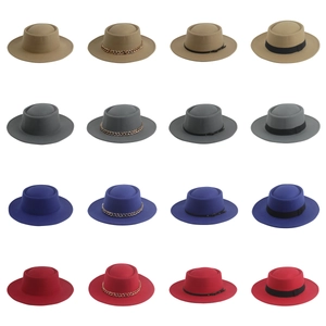 Detailed grid showing wool felt jazz hats in beige, gray, blue and red with chain belts