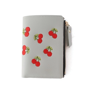 Short grey faux leather women's wallet featuring cherry embroidery and gold zipper
