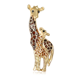 Giraffe Parent-Child Animal Brooch Pin Alloy Enamel Inlaid Rhinestone Eye Fashion Jewelry Accessory Unisex