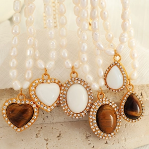 Collana di Perle Artificiali in Acciaio al Titanio Vintage per Donna Pendente a Cuore Goccia Placcato Oro Gioielli Occhio di Tigre Strass