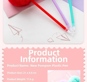 Detail of colorful plush ball pens showing 21x0.8cm size and 11.6g weight specs