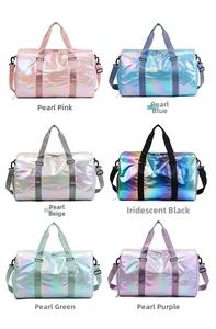 Detail view of the colorful iridescent travel bag collection showing six vibrant color options