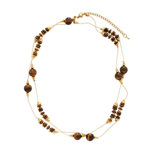 Double-layer bohemian necklace with faux tiger eye stones and gold metal discs