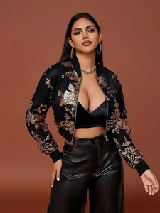 Giacca Bomber Donna Con Ricamo Di Paillettes Motivo Floreale Corta Satine Sexy Manica Lunga Cappotto Da Festa