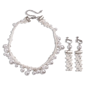 Vintage baroque faux pearl necklace and earrings set with sparkling rhinestones for women