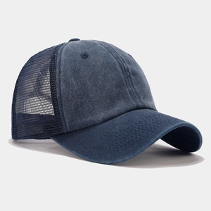 Detail view of vintage navy washed cotton mesh baseball cap with contrast stitching