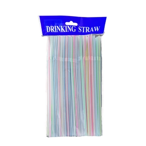 Pack of flexible plastic drinking straws with colorful stripes in clear packaging