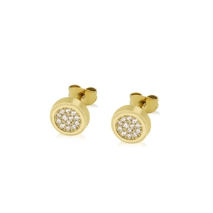 Elegant gold plated round stud earrings with shimmering micro-pave cubic zirconia crystals
