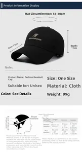 Detailed size chart for baseball cap showing brim length and adjustable head circumference