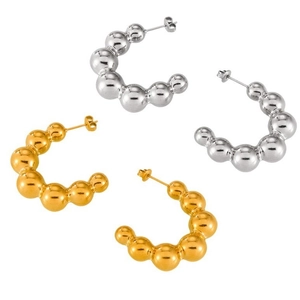 Minimalist titanium steel beaded C-shape hoop earrings in gold and silver finishes