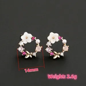 Exquisite pearl and shell flower earrings with zircons and butterfly accent, 14mm size