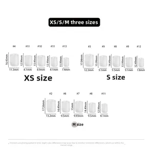 Detailed size chart for press-on nails including dimensions for XS, S, and M sizes