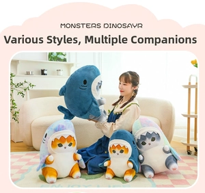 Detail showing various shark cat plushies in soft materials held by a model in a cozy room