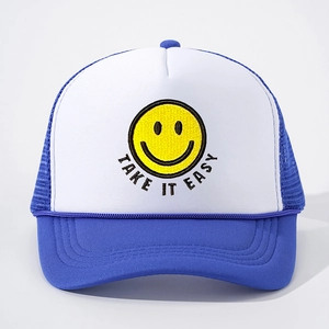 Blue and white trucker hat with embroidered yellow smiley face and Take It Easy text