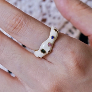 Chic white enamel wide ring with colorful rainbow gemstones for women, open adjustable band