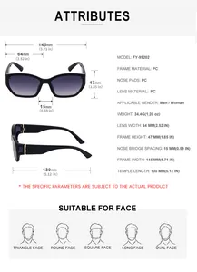 Detailed size chart for polarized sunglasses showing lens width and frame dimensions