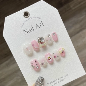 Handmade Press On Nails Pink Gradient Cream Cherry Bowknot Rhinestone Artificial Pearl Sweet Lolita Style For Women Girls