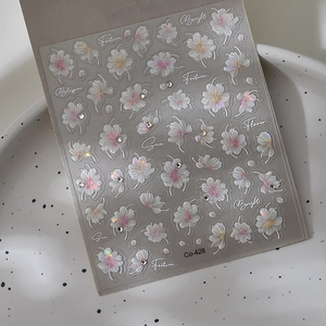 Macro shot of 3D sakura nail stickers with iridescent floral patterns and English text