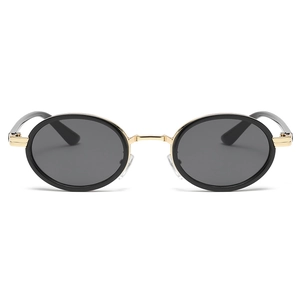 Classic black and gold oval sunglasses with retro metal bridge and grey lenses