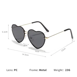 Fashion heart shaped metal frame sunglasses with dark lenses and minimalist design