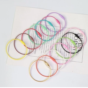 Colorful plastic coated steel wire key rings with secure screw connectors set on card